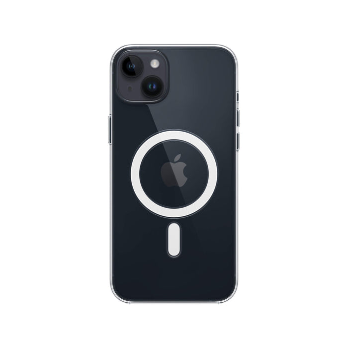 Apple clear case for iPhone 14 Plus, MagSafe compatible, effective protection, sleek design, at TaMiMi Projects in Qatar.