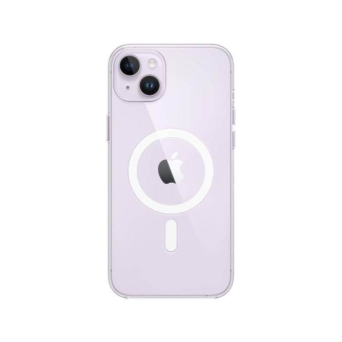 Apple clear case for iPhone 14 Plus, MagSafe compatible, effective protection, sleek design, at TaMiMi Projects in Qatar.
