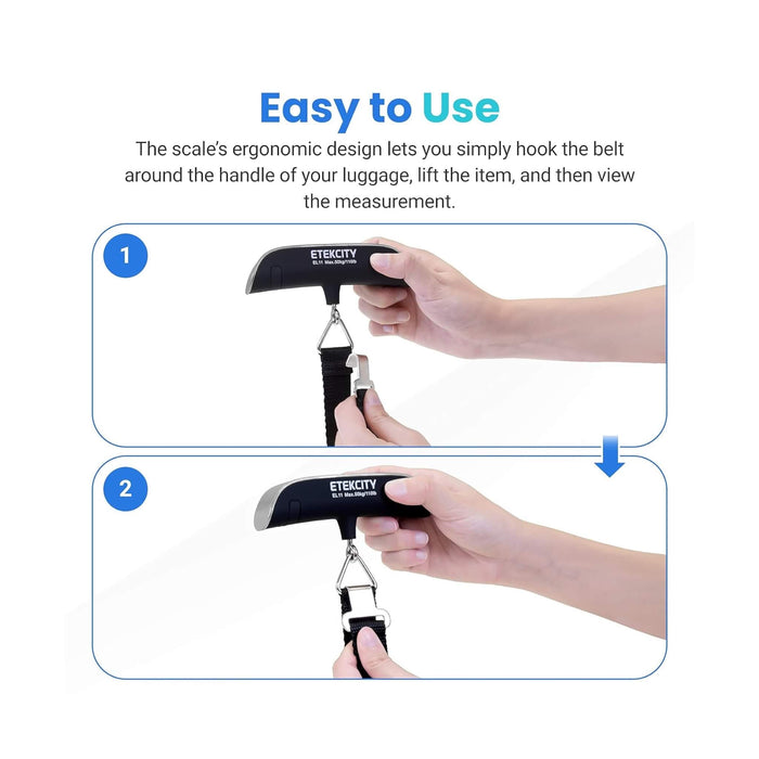 High-accuracy digital luggage scale with 50kg capacity, temperature sensor, ideal for travel. Available at TaMiMi Projects, Qatar.