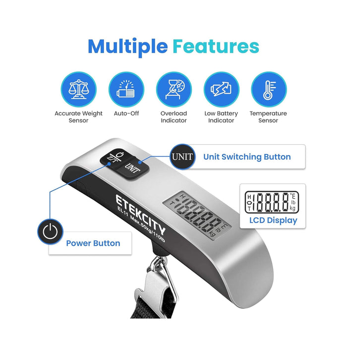High-accuracy digital luggage scale with 50kg capacity, temperature sensor, ideal for travel. Available at TaMiMi Projects, Qatar.