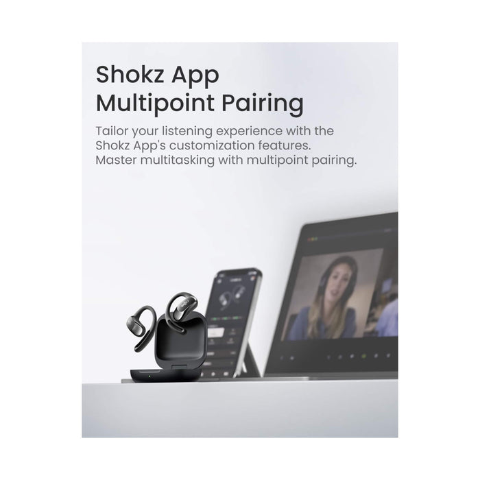 سماعات SHOKZ OpenFit Air بتصميم مفتوح، مقاومة للماء، بطارية 6 ساعات، وصوت ممتاز. متوفرة لدى تميمي بروجكتس في قطر.