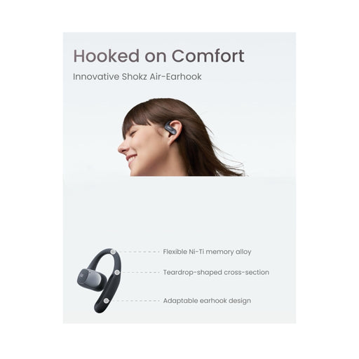 SHOKZ OpenFit Air open-ear earbuds, water-resistant, secure fit, 6-hour battery, premium sound. At TaMiMi Projects in Qatar.