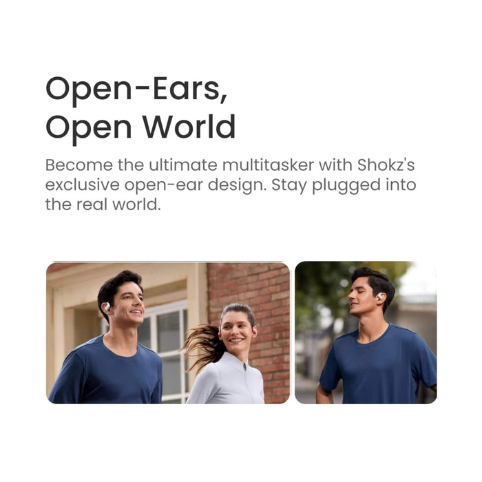 SHOKZ OpenFit Air open-ear earbuds, water-resistant, secure fit, 6-hour battery, premium sound. At TaMiMi Projects in Qatar.
