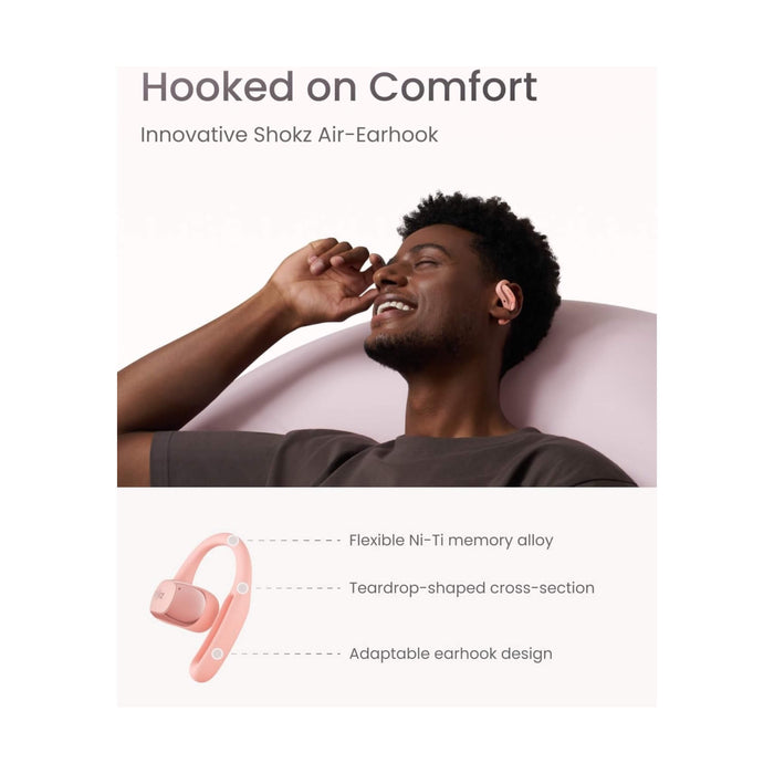 SHOKZ OpenFit Air open-ear earbuds, water-resistant, secure fit, 6-hour battery, premium sound. At TaMiMi Projects in Qatar.