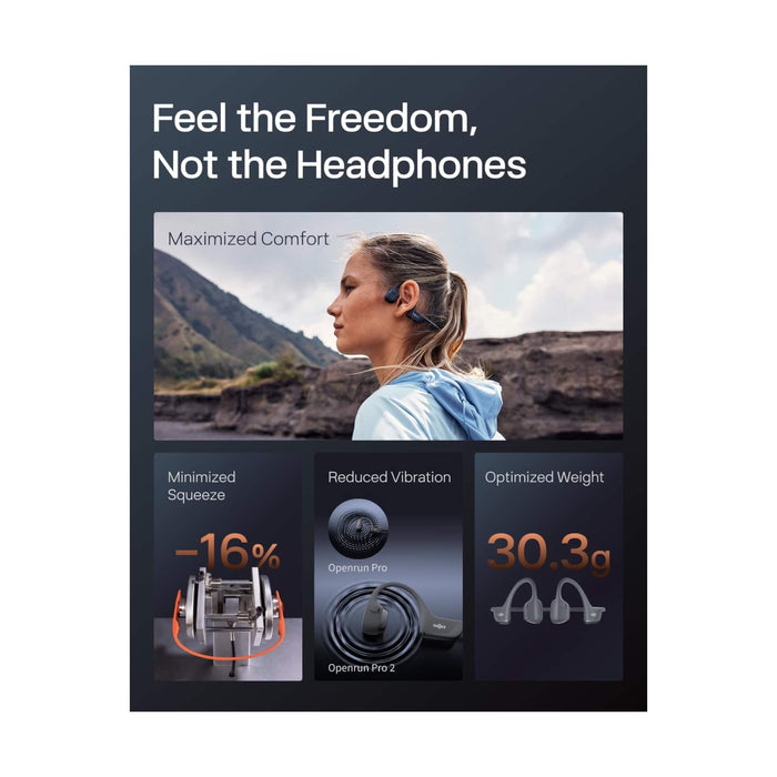 ‫سماعات SHOKZ OpenRun Pro 2 بتقنية العظام، مقاومة للعرق، بطارية 12 ساعة، صوت واضح وباس عميق. متوفرة لدى تميمي بروجكتس قطر.‬