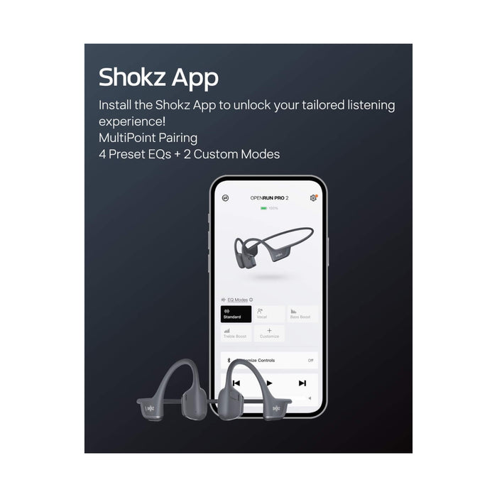 SHOKZ OpenRun Pro 2 bone conduction headphones, sweat-resistant, 12-hour battery, clear calls, deep bass. At TaMiMi Projects Qatar.







