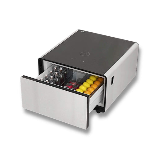 Smart coffee table with Bluetooth speakers, LED lights, and a fridge drawer for beverages from TaMiMi Projects in Qatar.