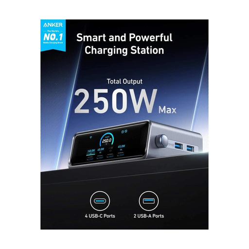 Anker 250W GaN Charger with 6 ports, smart control dial, and ultra-fast charging for multiple devices - TaMiMi Projects in Qatar.