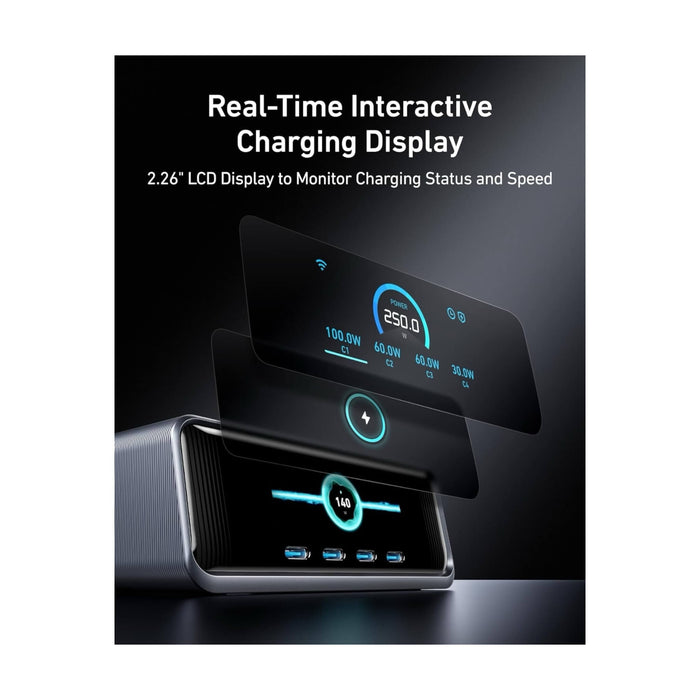 Anker Prime 250W GaN 6-Port Charger with LCD display, ideal for fast charging MacBook, iPhone, and more - TaMiMi Projects Qatar.