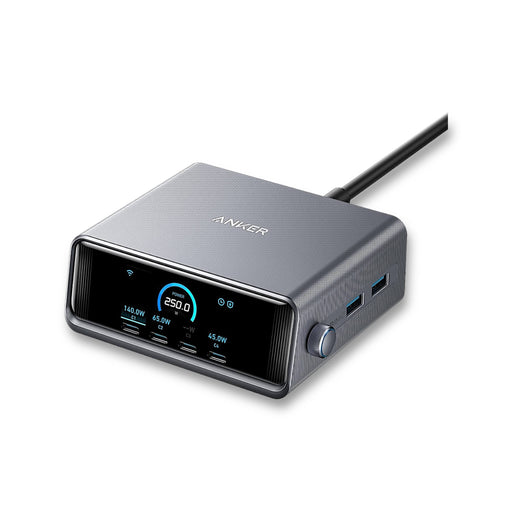 Anker Prime 250W GaN 6-Port Charger with LCD display, ideal for fast charging MacBook, iPhone, and more - TaMiMi Projects Qatar.