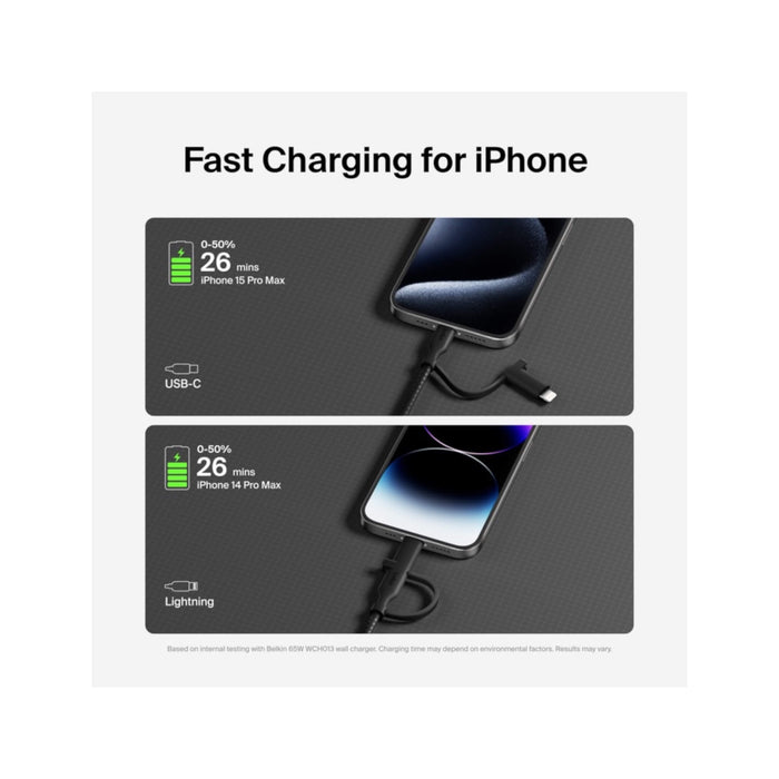 ‫كابل ٢ في ١ من بيلكن بمنفذي usb-c و lightning لاستخدام متعدد متوفر لدى تميمي بروجكتس في قطر‬