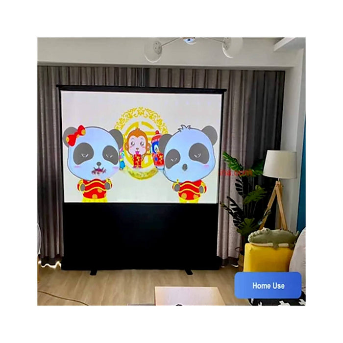 Portable pull-up projector screen with hydraulic system, lightweight aluminum frame, and premium fabric - TaMiMi Projects, Qatar.