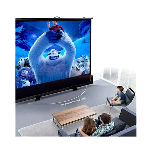Pull-up projector screen with floor base, aluminum frame, hydraulic expansion, and adjustable height - TaMiMi Projects, Qatar.