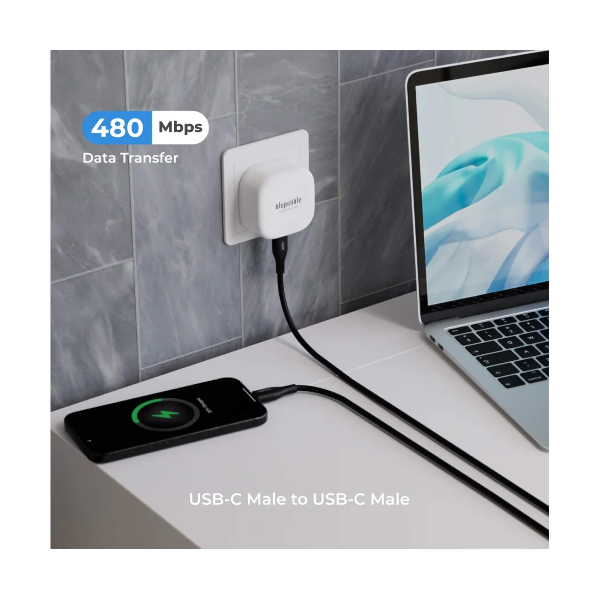 Blupebble PowerFlow USB-C Cable 60W - 3M Blupebble PowerFlow USB-C Cable 60W - 3M