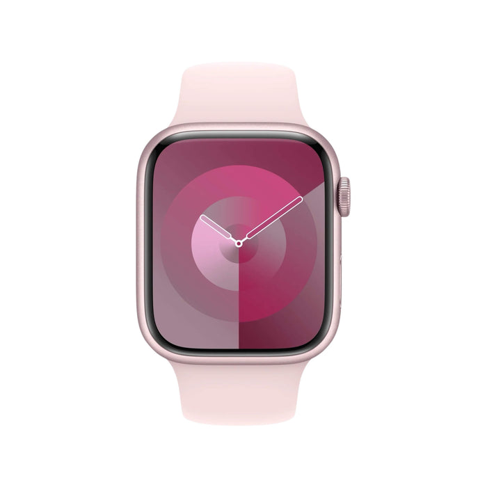 Apple Watch 45mm Sport Band M/L in Light Pink, fluoroelastomer, secure pin-and-tuck closure. Available at Tamimi Projects in Qatar.