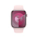 Apple Watch 45mm Sport Band M/L in Light Pink, fluoroelastomer, secure pin-and-tuck closure. Available at Tamimi Projects in Qatar.