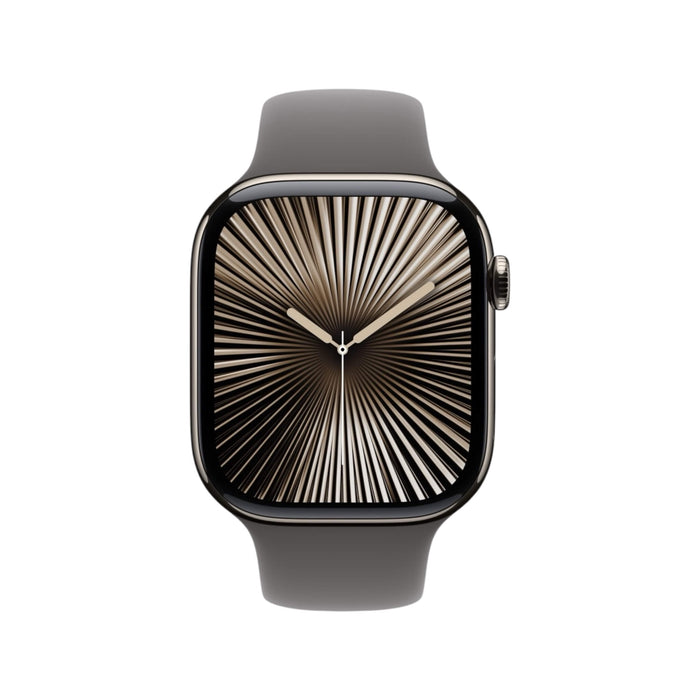 Apple Watch 46mm Sport Band in Stone Gray, fluoroelastomer, secure pin-and-tuck closure. Available at Tamimi Projects in Qatar.
