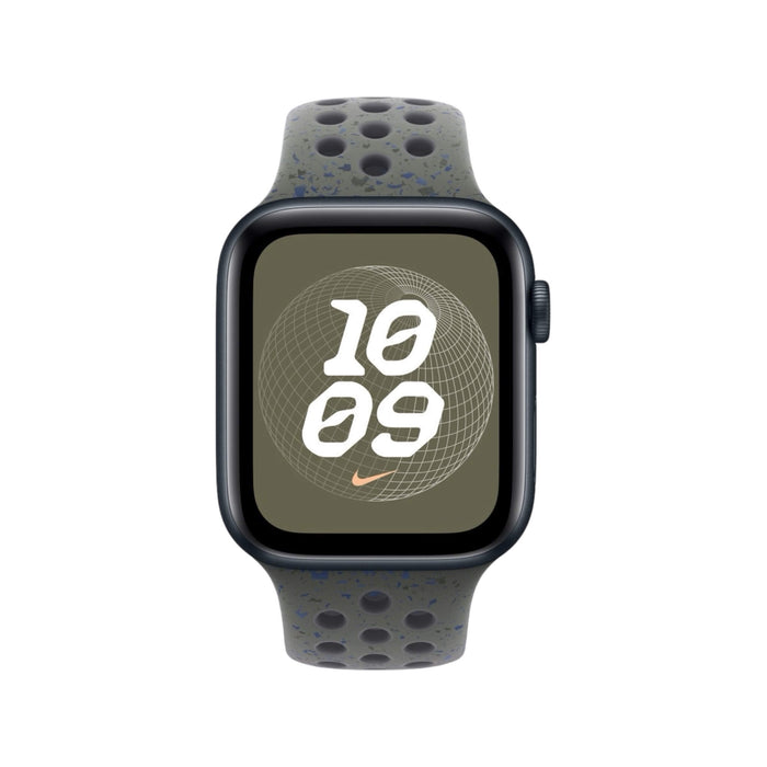 Apple Watch Nike Sport Band S/M in Cargo Khaki, fluoroelastomer, secure pin-and-tuck closure. at Tamimi Projects in Qatar.