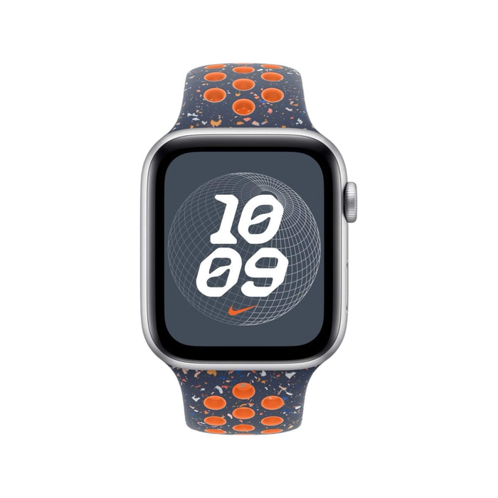 Apple Watch 46mm Nike Sport Band S/M in Blue Flame, fluoroelastomer, secure pin-and-tuck closure. at Tamimi Projects, Qatar.