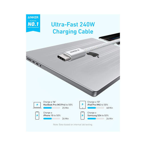 Anker 240W USB-C cable, ideal for high-speed charging, over 10,000 bends lifespan. from Tamimi Projects in Qatar.