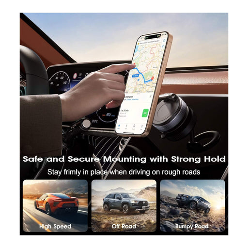 magnetic car mount with twist-lock suction, flexible angles, MagSafe compatible. from Tamimi Projects in Qatar.