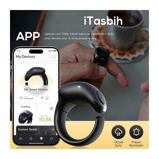 Smart Zikr ring lightweight design tracks prayers time and syncs with app from Tamimi Projects in Qatar.