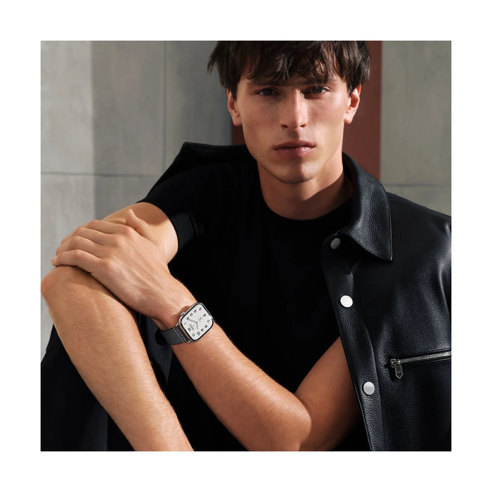 Apple Watch Hermès Series 11, 46mm Silver Titanium with Noir/Ecru woven Single Tour, Available now from TaMiMi Projects, Qatar.