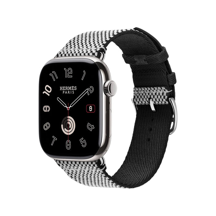 Apple Watch Hermès Series 11, 46mm Silver Titanium with Noir/Ecru woven Single Tour, Available now from TaMiMi Projects, Qatar.