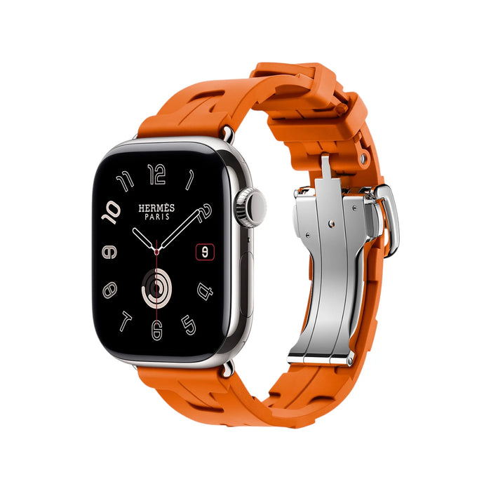 Apple Watch Hermès Series 11, 42mm Silver Titanium with Orange Kilim Single Tour, Available now from TaMiMi Projects in Qatar.