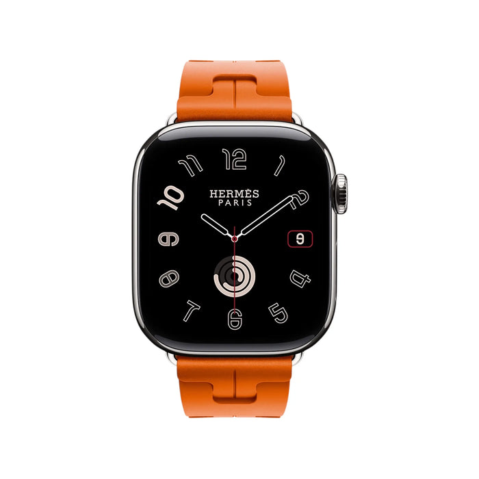 Apple Watch Hermès Series 11, 42mm Silver Titanium with Orange Kilim Single Tour, Available now from TaMiMi Projects in Qatar.