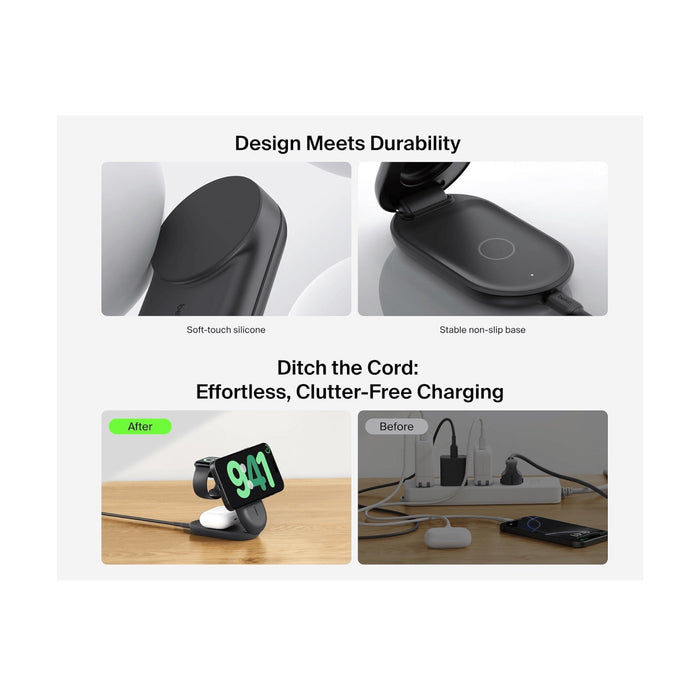 ‫احصل على قاعدة شحن بيلكن ٣ في ١ قابلة للطي من تميمي بروجكتس فى قطر. شحن سريع بقوة ٢٥ واط وتصميم قابل للطي.