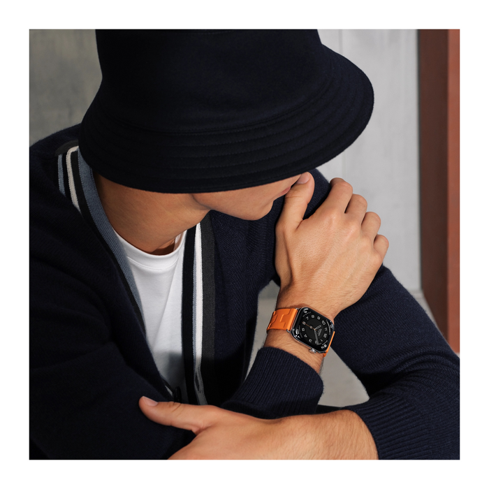 Apple Watch Hermès Series 11, 46mm Silver Titanium with Orange Kilim Single Tour. TaMiMi Projects Qatar.