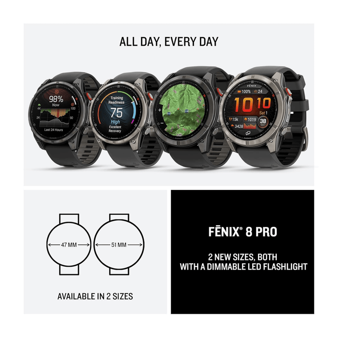 fēnix® 8 Pro AMOLED Sapphire Titanium Smartwatch 47mm, inReach satellite communication with SOS feature.