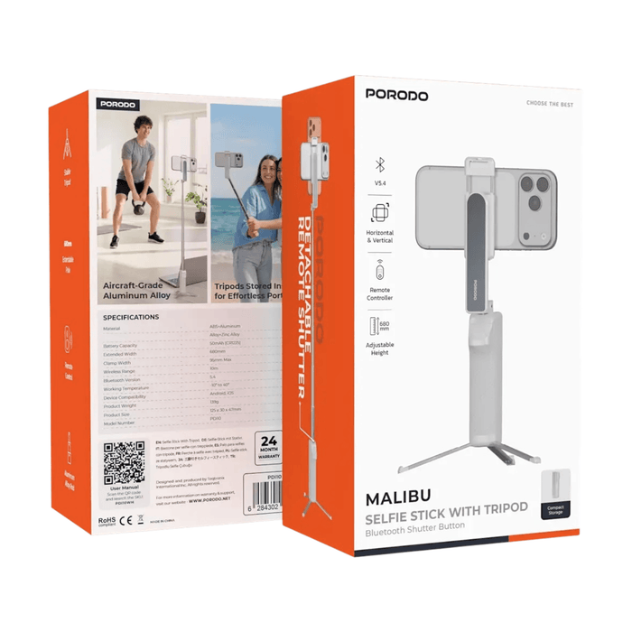 Porodo Malibu Selfie Stick with Tripod & Bluetooth Remote