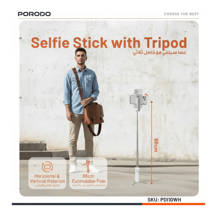 Porodo Malibu Selfie Stick with Tripod & Bluetooth Remote