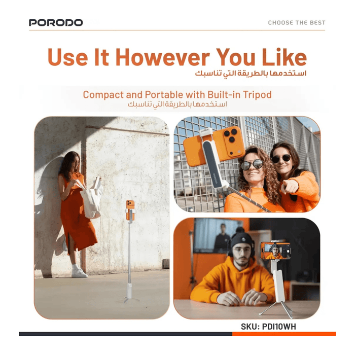 Porodo Malibu Selfie Stick with Tripod & Bluetooth Remote