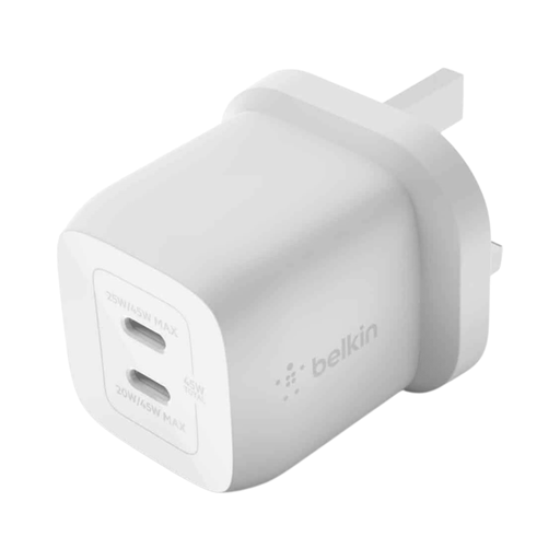 Belkin 45W Dual USB-C GaN Wall Charger with PD, Dual USB-C ports for charging two devices simultaneously.