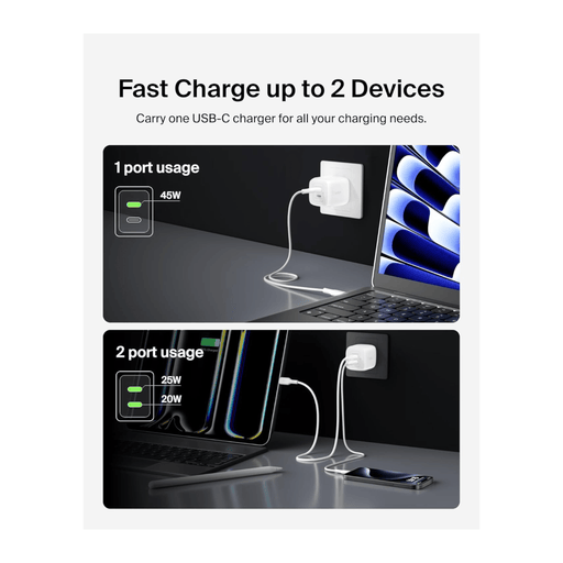 Belkin 45W Dual USB-C GaN Wall Charger with PD, Total output up to 45W for fast and efficient charging.