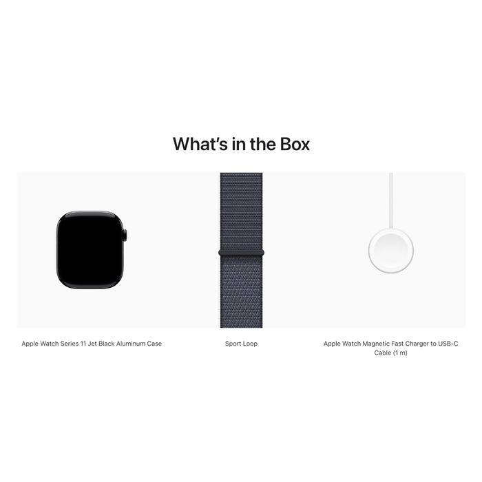 Apple Watch S11, GPS 46mm Jet Black with Sport Loop Band in Anchor Blue. Available at TaMiMi Projects in Qatar.