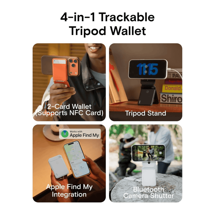 MOFT Trackable MagSafe Wallet Tripod Stand with Find My, Built-in capture button for shooting via Bluetooth. TaMiMi Projects Qatar.