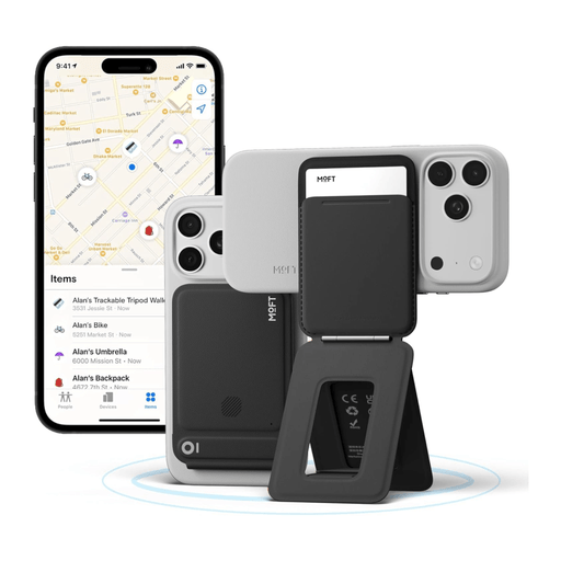 MOFT Trackable MagSafe Wallet Tripod Stand with Find My, real-time tracking and left-behind alerts. TaMiMi Projects Qatar.