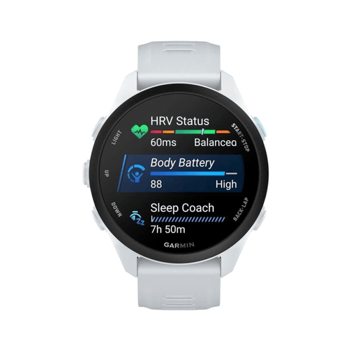 Forerunner® 70 in Whitestone - 43mm, 1.2” AMOLED touchscreen with bright and sharp display.