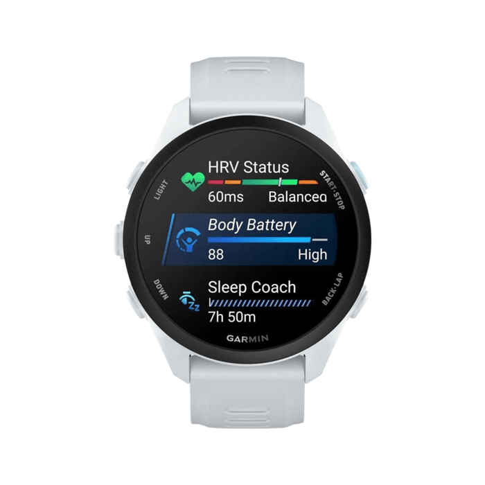 Forerunner® 70 in Whitestone - 43mm, 1.2” AMOLED touchscreen with bright and sharp display.