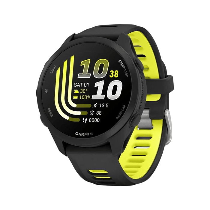 Forerunner® 170 - Black / Amp Yellow, 1.2-inch AMOLED touchscreen with 390 × 390 resolution.