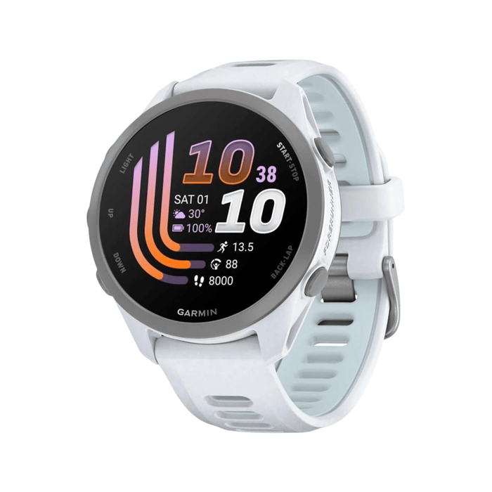 Forerunner® 170 in Whitestone/Cloud Blue, 1.2-inch AMOLED touchscreen with 390 × 390 resolution.