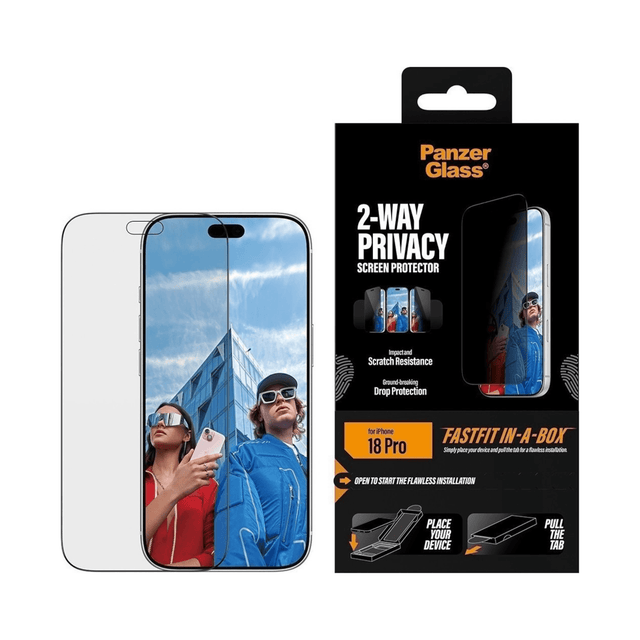 PanzerGlass Screen Protector for iPhone 18 Pro - Privacy, 2-Way Privacy filter helps protect your screen from side viewing.