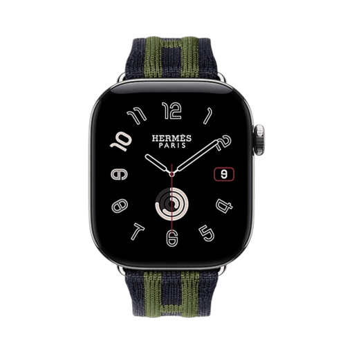 ‫Apple Watch Hermès Series 12 مقاس 42 مم تيتانيوم فضي وسوار Rocabar Club بلون Bleu Nuit / Vert، مع GPS + Cellular 64GB.‬