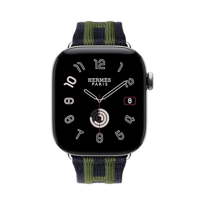 ‫Apple Watch Hermès Series 12 مقاس 42 مم تيتانيوم فضي وسوار Rocabar Club بلون Bleu Nuit / Vert، مع GPS + Cellular 64GB.‬