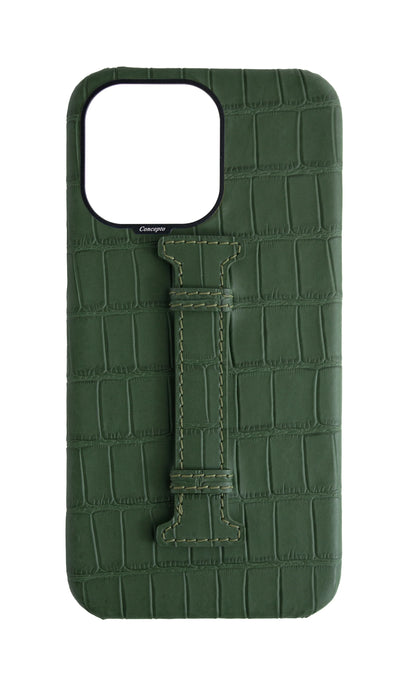 جلد تمساح اخضر ليلي - مع مسكة - للايفون ١٤ برو