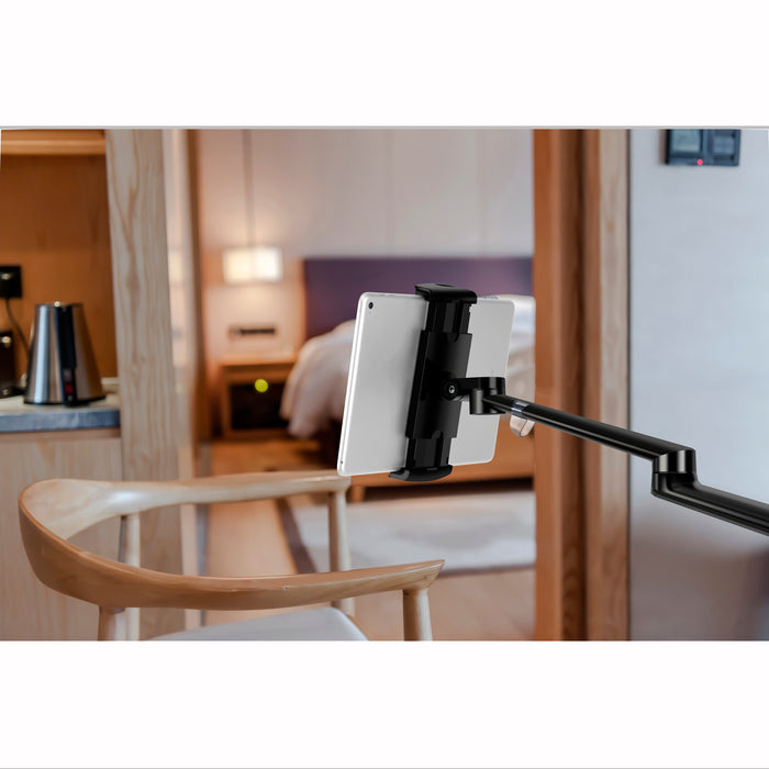 Adjustable 360° tablet floor stand, silver, compatible with iPad and iPhone. Durable design for home or office use – TaMiMi Projects, Qatar.